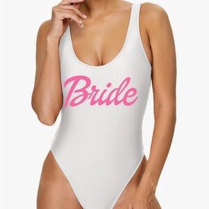 Bride One Piece Swimsuit White Pink Lettering Women's Size S